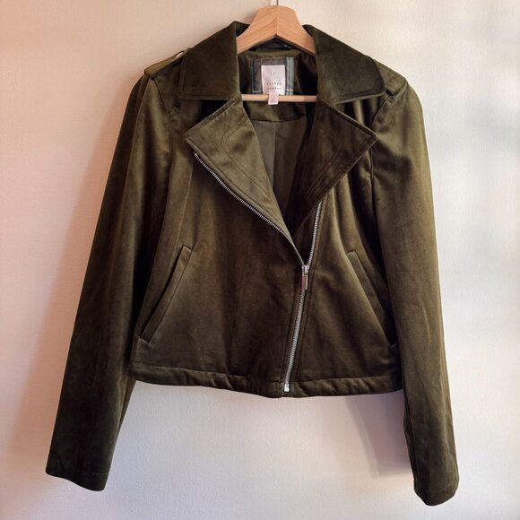 Lauren Conrad Olive Green Velvet Moto Biker Jacket Fall Holiday Outerwear Small - Picture 1 of 6